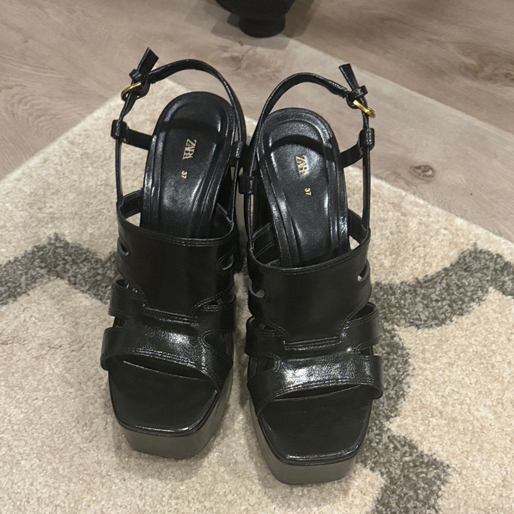 Zara Black Patent Leather Platform Slingback Heels